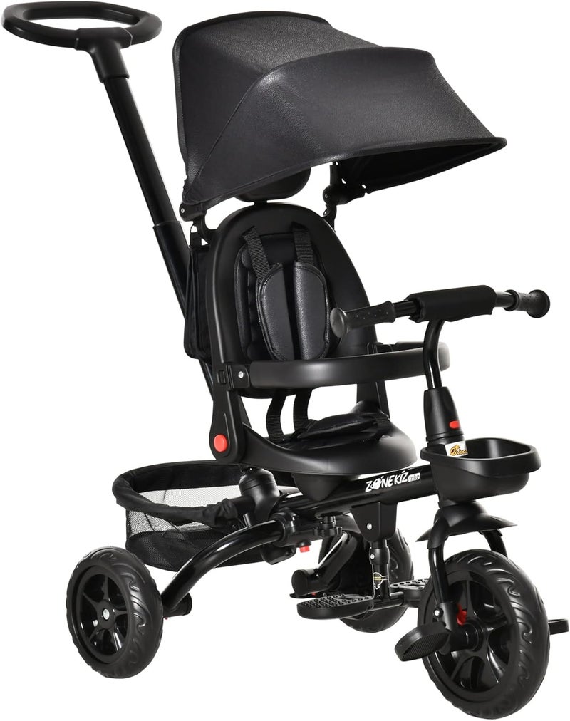 Qaba Kids Tricycle, 4 in 1 Foldable Trike with Reversible Seat, Adjustable Parent Handle, Safety Harness, Wheel Brakes, Removable Canopy, Storage, Tricycle for Toddlers 1-5 Years, Black - Image 1